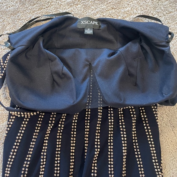 Xscape Beaded Evening Gown, Dark Navy Blue, Deep V, Sheath, Thin Straps, Size 2 - Picture 7 of 16